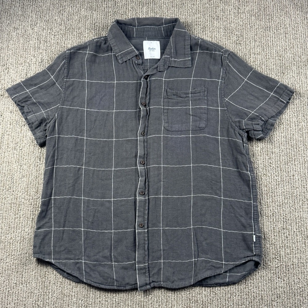 Katin Mens XL Monty Shirt Short Sleeve Button Up Cotton Linen Grey Check